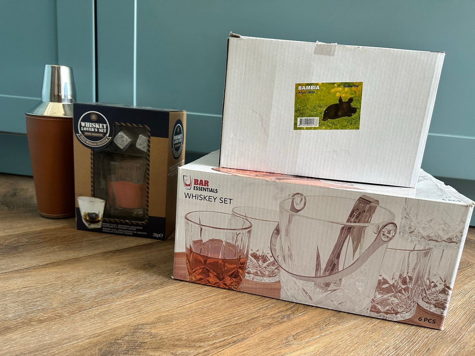 Whiskey set, cocktailshaker en ijsblokjes, Ophalen, Nieuw, Meerkleurig, Glas