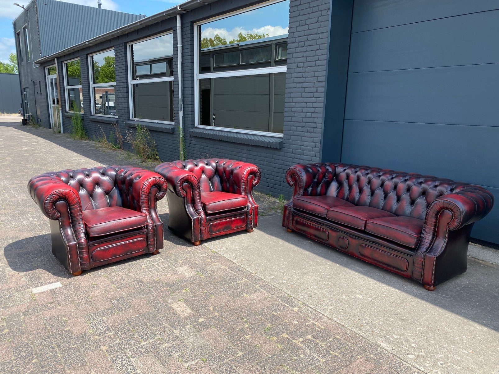 Chesterfield 3+1+1 zit bankstel Oxblood rood, Ophalen, Zo goed als nieuw, Rechthoekig, Leer