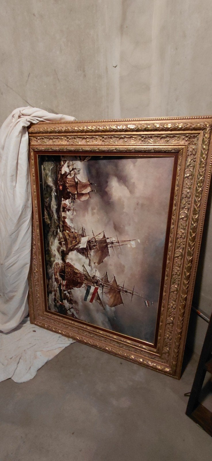 Groot schilderij met maritiem tafereel en prachtige lijst, Ophalen, Maritiem / water, Bijzondere lijst, Doek