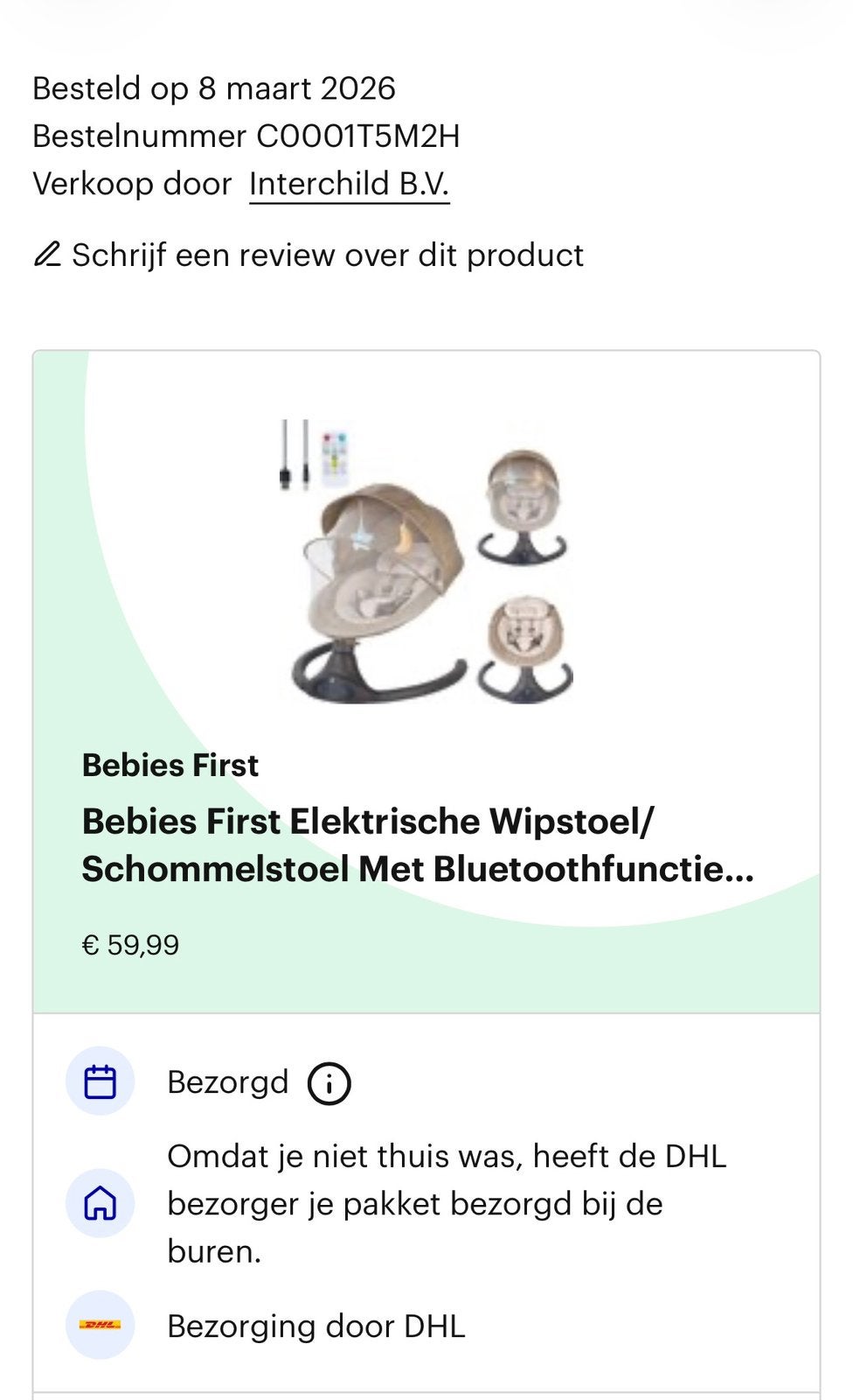 Bebies First Elektrische Wipstoel/ Schommelstoel, Ophalen, Zo goed als nieuw, Stoel(en)
