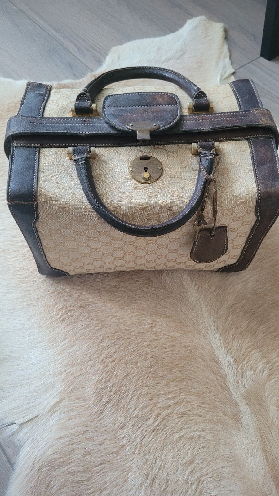 Vintage Toilettas/Beautycase met GG Monogram, Sieraden, Tassen en Uiterlijk, Beautycases, Ophalen, Gebruikt, Bruin, Met slot