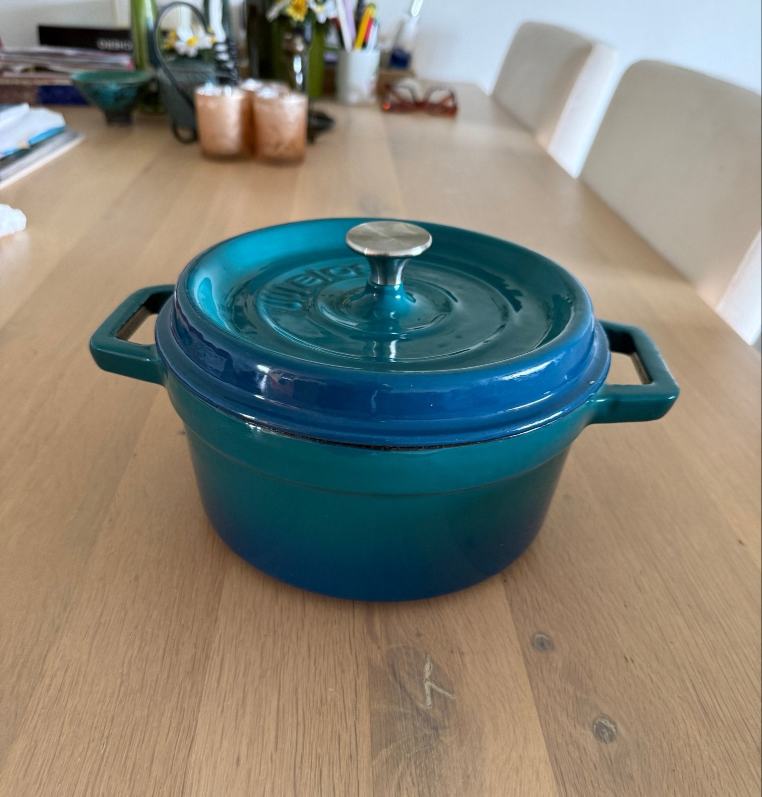 Sola gietijzeren pan blauw groen 20cm, Ophalen of Verzenden, Gebruikt, Gietijzer, Kookpan of Snelkookpan