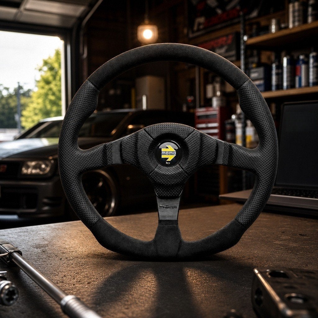 Momo Dark Fighter 350mm suede alcantara leder sportstuur, Ophalen of Verzenden