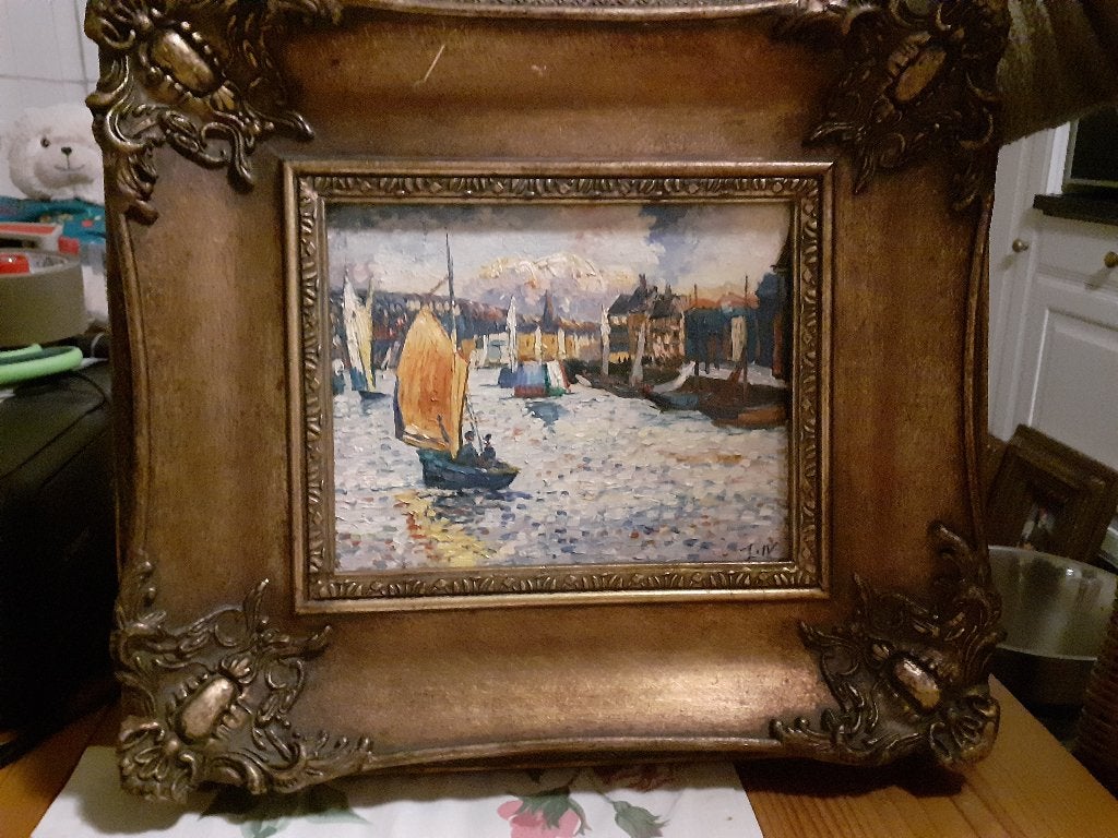 Schilderij 'In de haven' - Olieverf op paneel in sierlijst, Antiek en Kunst, Impressionistisch, Ophalen of Verzenden, Origineel werk