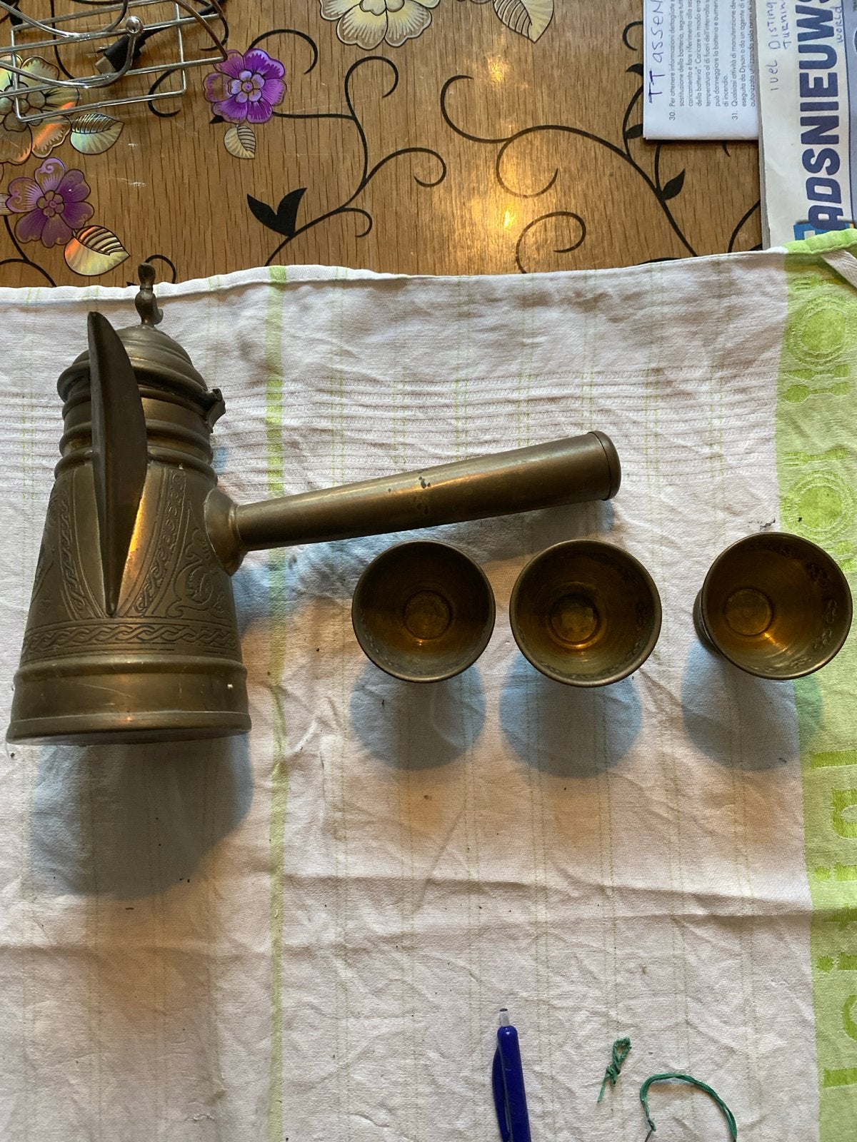 Antieke koperen koffiepot met 3 kopjes, Nazareth, Antiek en Kunst, Ophalen of Verzenden, Koper
