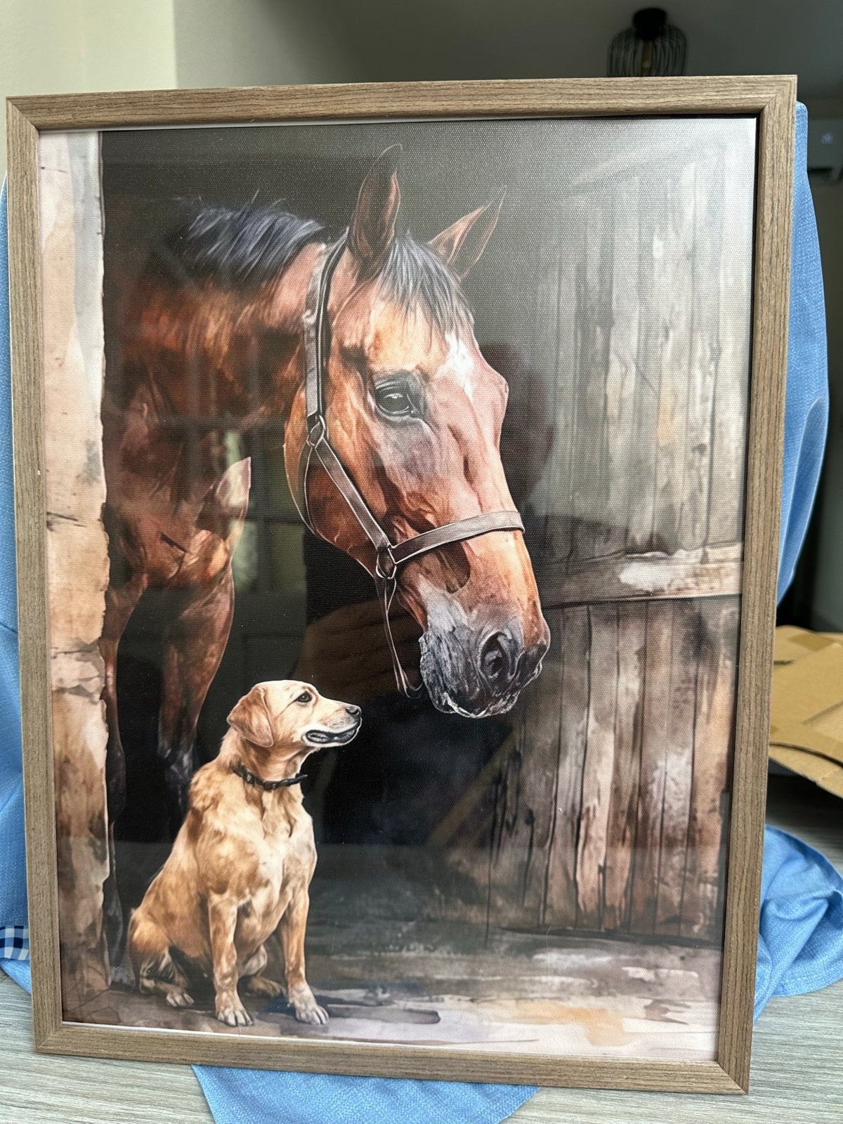 Giclée schilderij: Paard en hond in stal, Antiek en Kunst, Kunst | Schilderijen | Klassiek, Ophalen of Verzenden