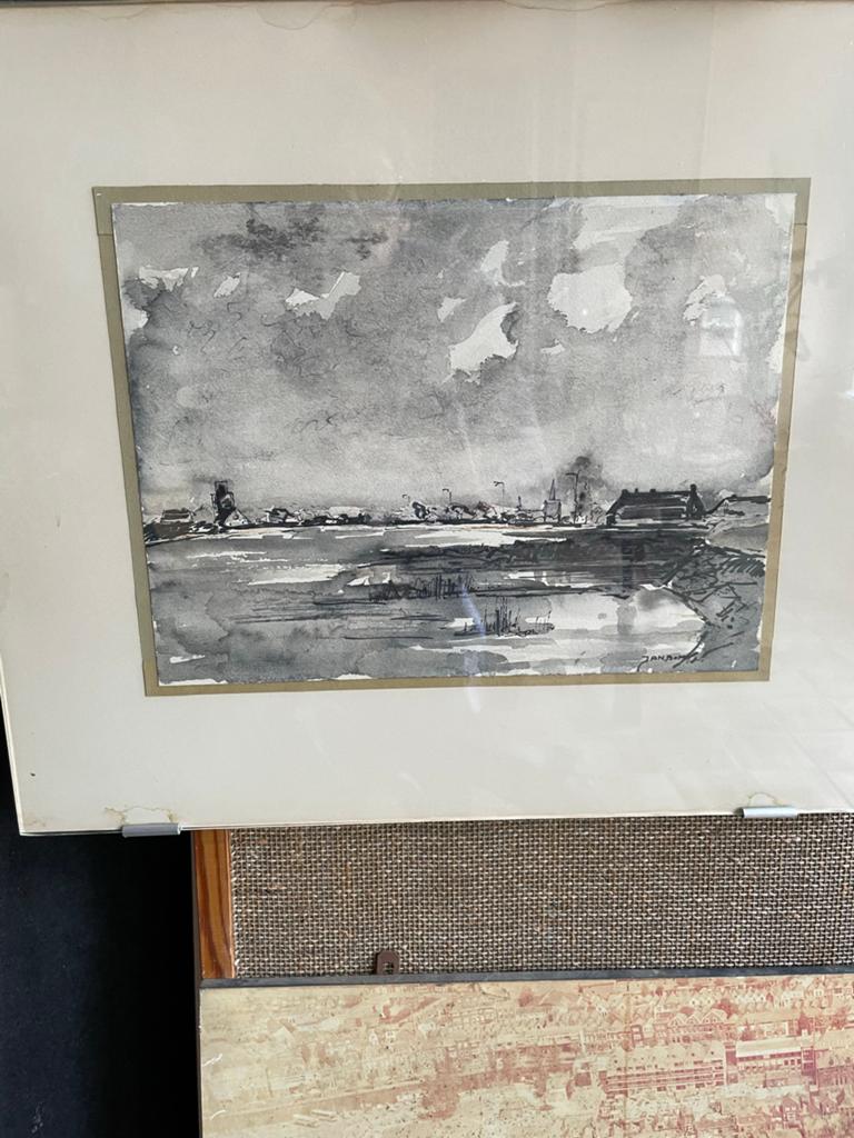 Zwart-wit aquarel landschap met water en huizen, Ophalen