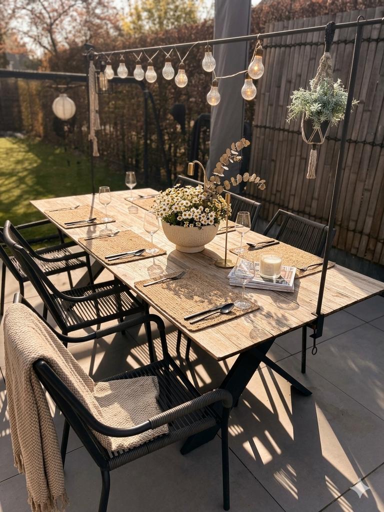Eettafel inclusief 6 all wheater stoelen, Ophalen, Zo goed als nieuw, Rechthoekig, Hout