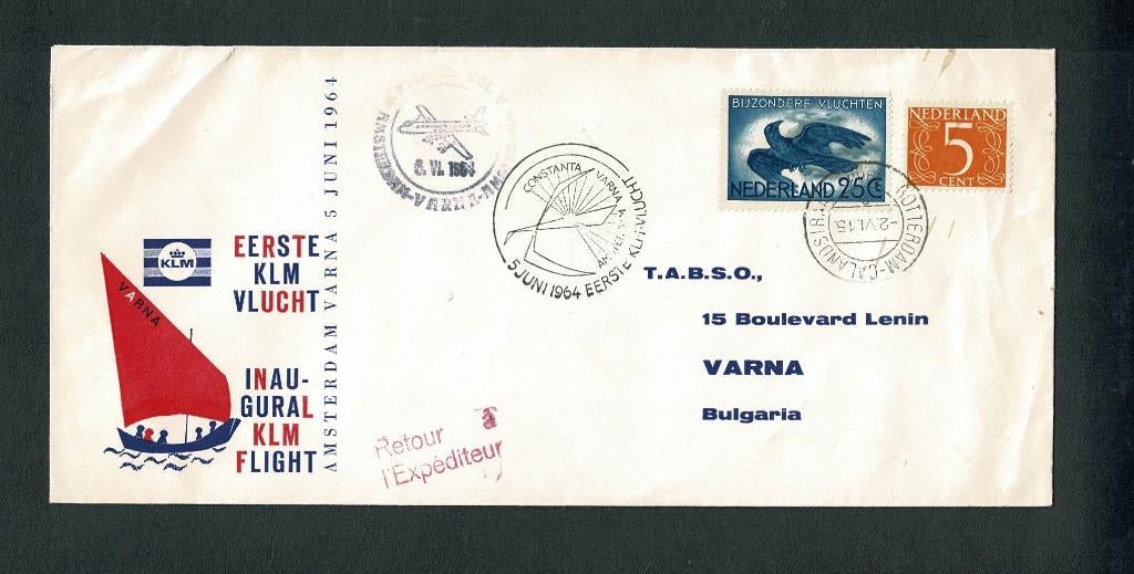KLM  first flight Amsterdam-Varna 5 juni 1964, Verzenden, Gebruikt, Kaart, Foto of Prent