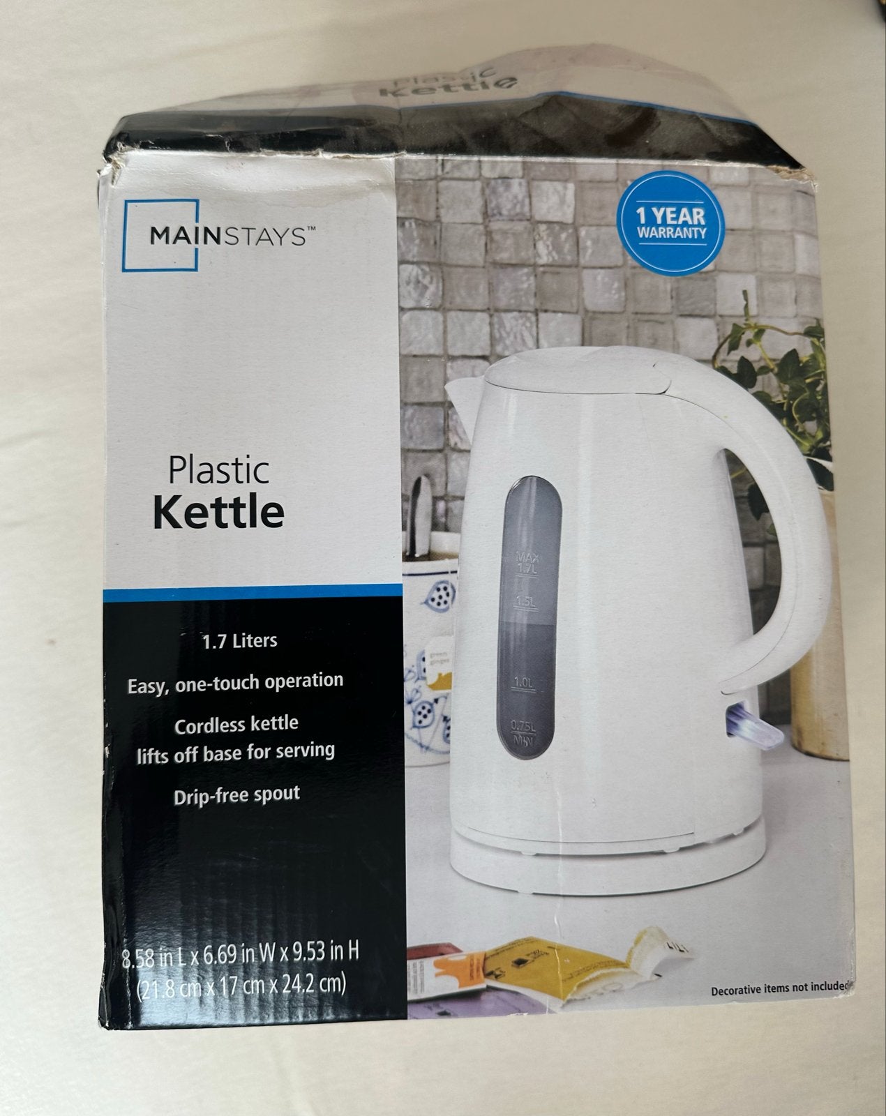 Mainstays Waterkoker 1.7L - Amerikaanse Aansluiting, 1 tot 2 liter, Ophalen of Verzenden, Nieuw, Draadloos
