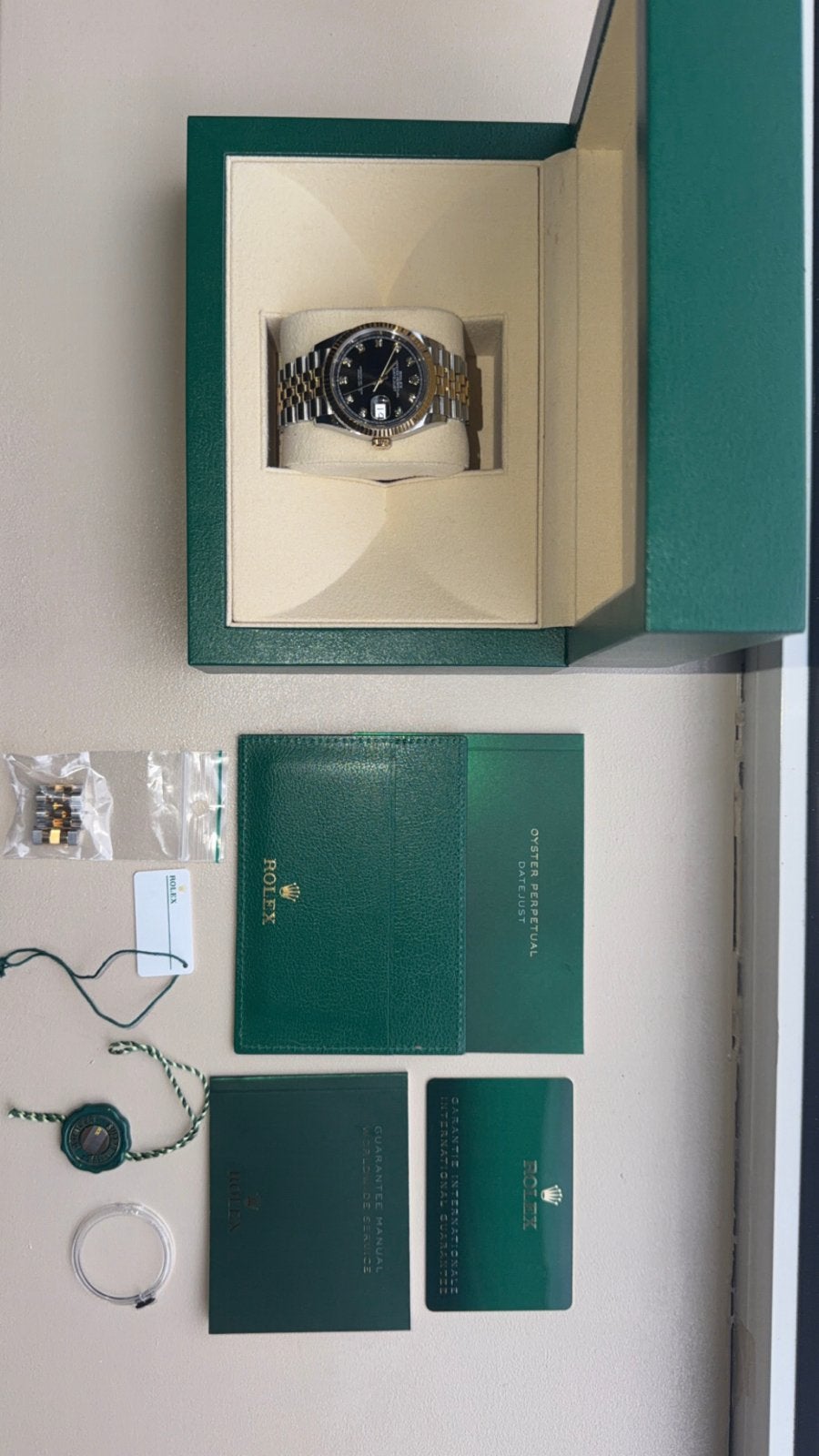 Rolex Datejust 36mm Goud/Staal Zwart Wijzerplaat Diamanten, Ophalen, Staal, Rolex, Polshorloge