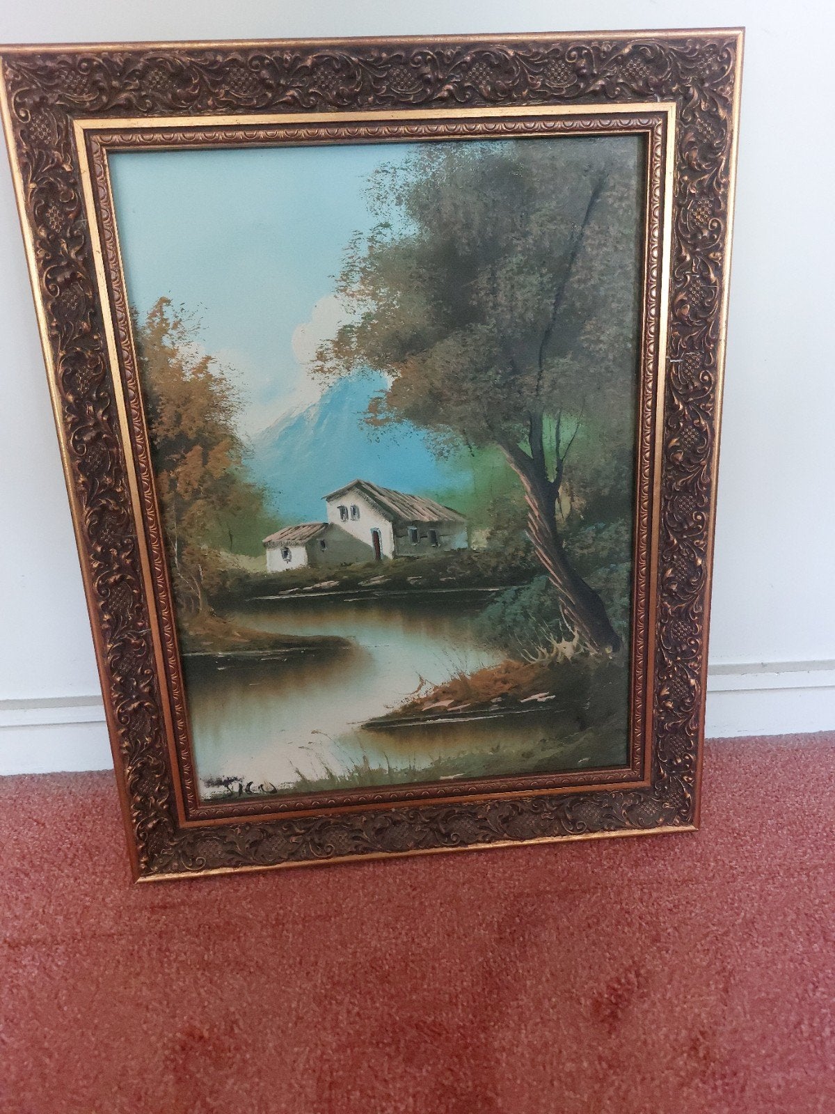 Schilderij: Huisje aan het water, ingelijst, Ophalen