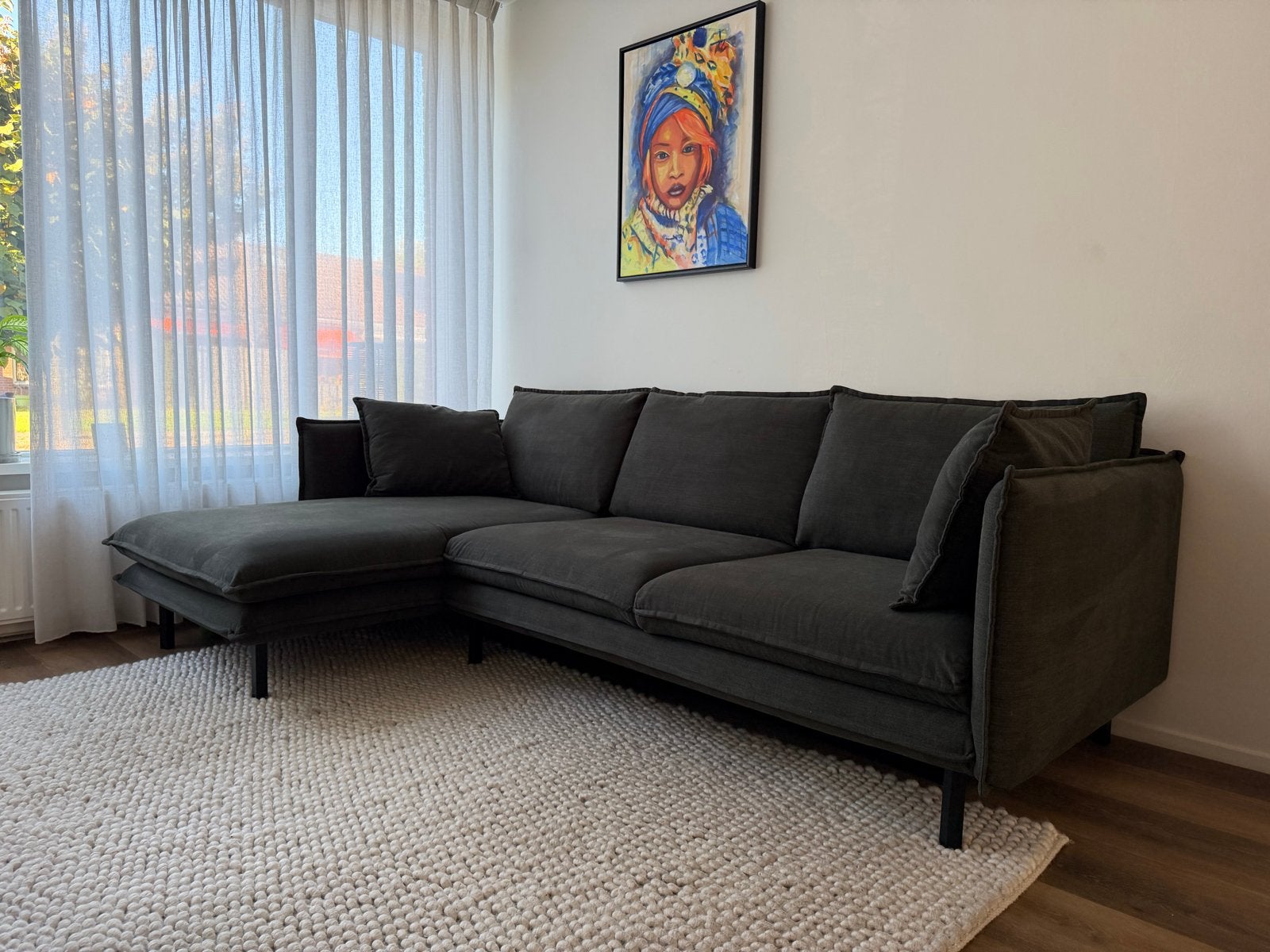 Bank Chaise longue Gayle links warm groen, Ophalen, 250 tot 300 cm, Driepersoons, Zo goed als nieuw