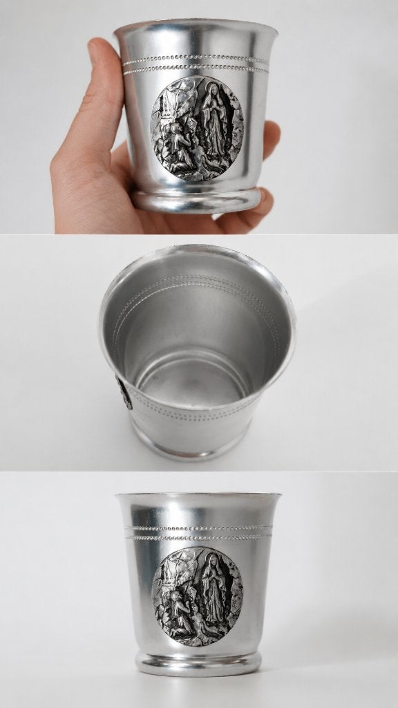 Franse Lourdes vintage religieuze aluminium beker souvenir, Ophalen of Verzenden