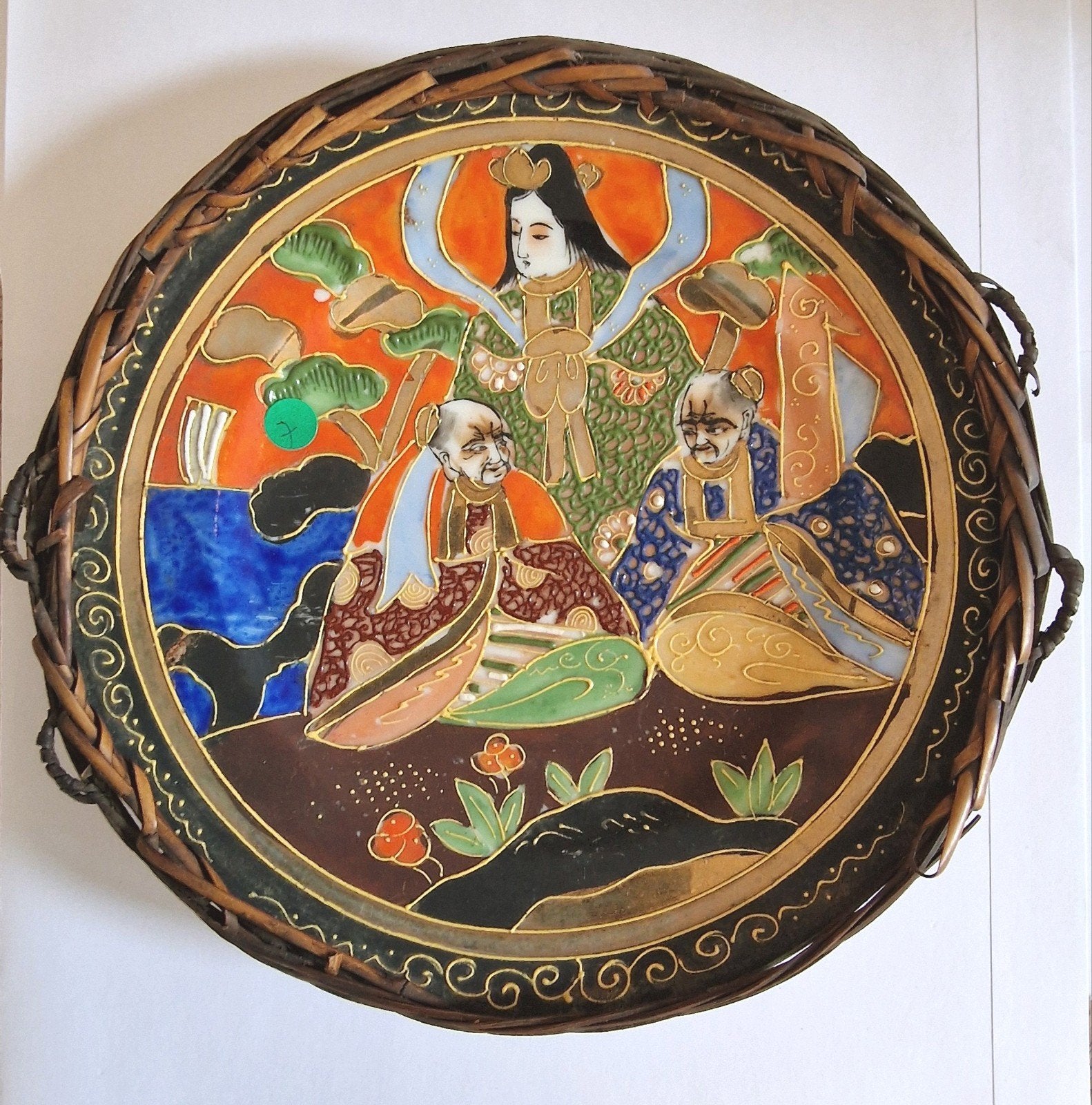 Vintage Japanse Satsuma-stijl bord met bamboe rand, Ophalen of Verzenden