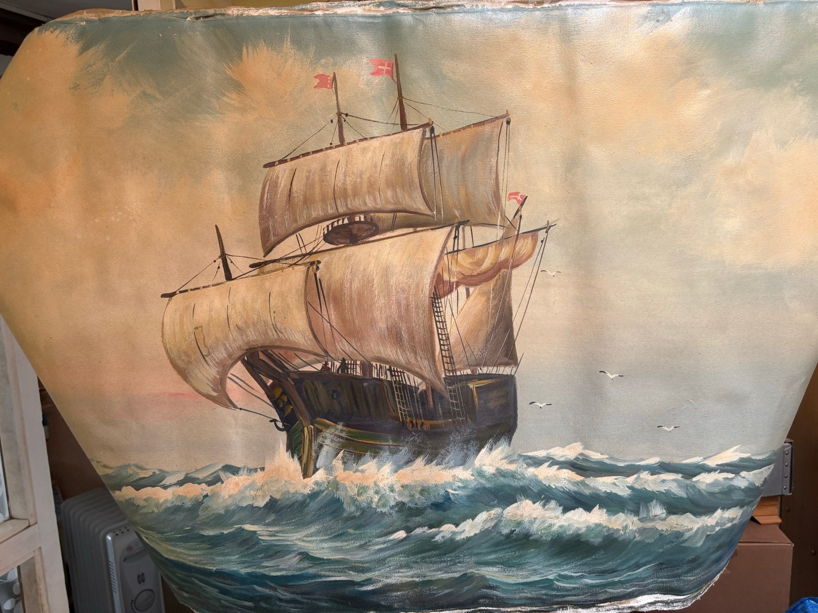 Olieverfschilderij van zeilschip op woelige zee, Maritiem / water, Doek, Realistisch, Ophalen of Verzenden