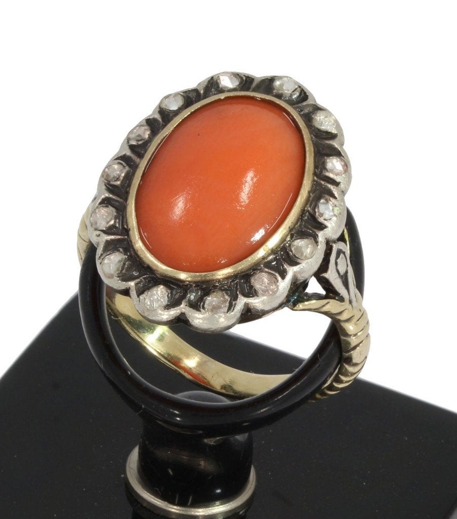 Diamanten bloedkoraal antieke 14k gouden ring dames, Sieraden, Tassen en Uiterlijk, Ophalen of Verzenden, Goud, Ring, Met edelsteen