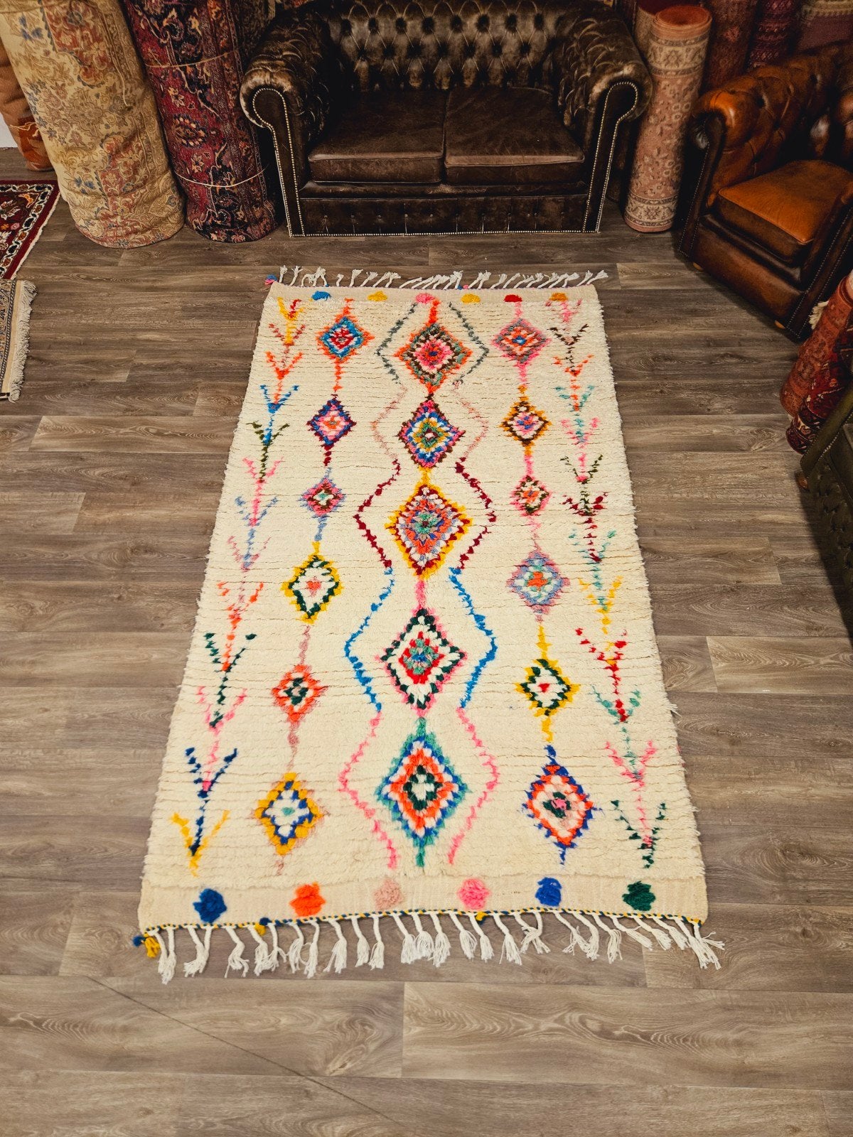 Handgeknoopt Azilal Berber Tapijt. prachtige kleuren., Huis en Inrichting, Blauw, 200 cm of meer, Ophalen of Verzenden