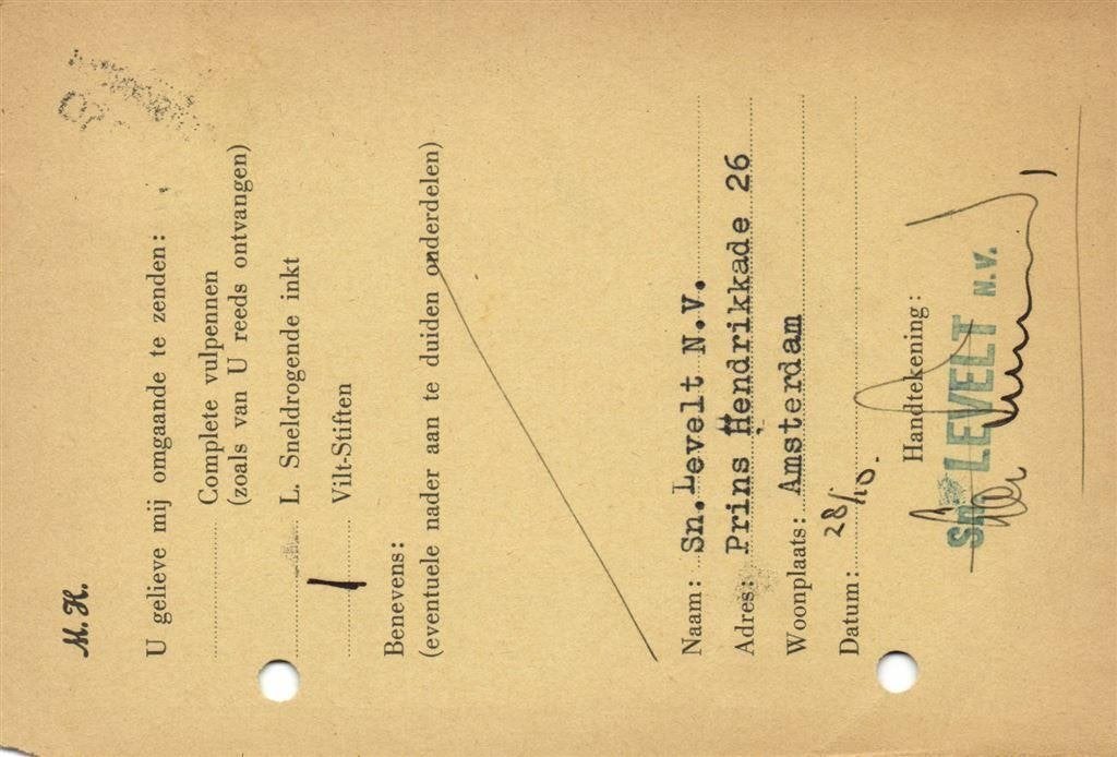 Sn. Levelt NV, Amsterdam - 10.1955 - bestelkaart, Ophalen of Verzenden, Briefkaart