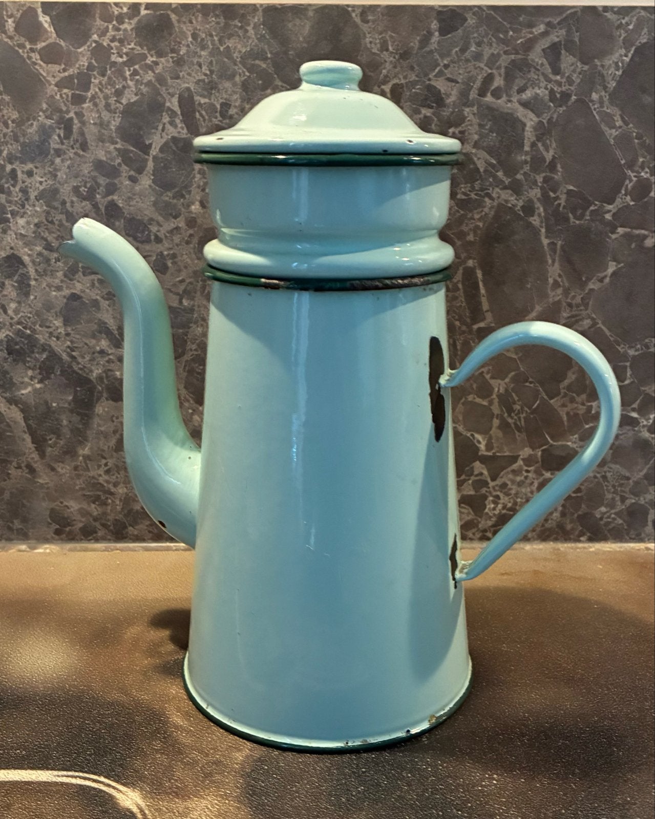 Vintage geëmailleerde koffiepot met filter, lichtblauw, Antiek en Kunst, Ophalen of Verzenden