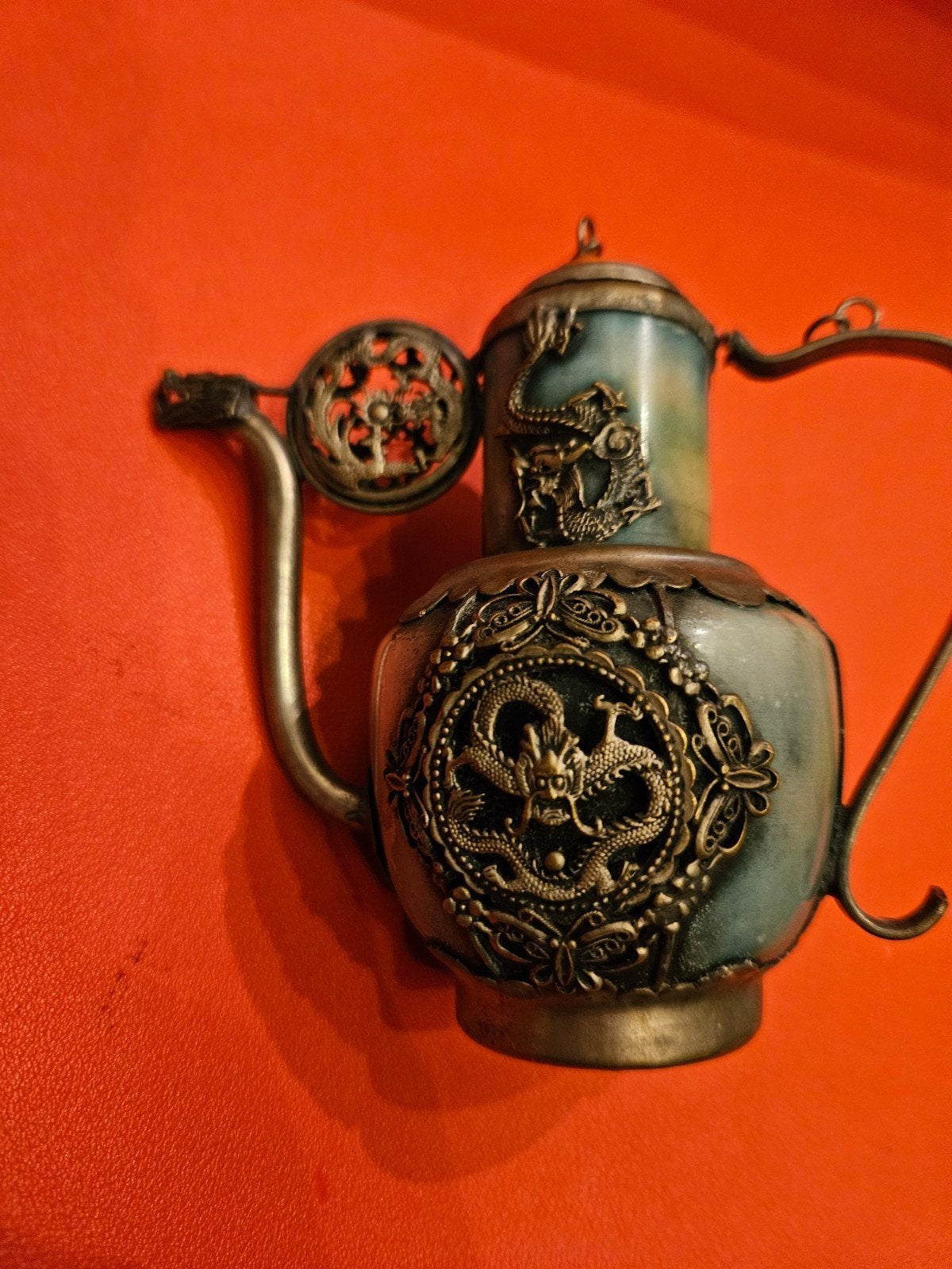 Antieke Aziatische Tibetaanse zilver/koper theepotje draken, Verzenden