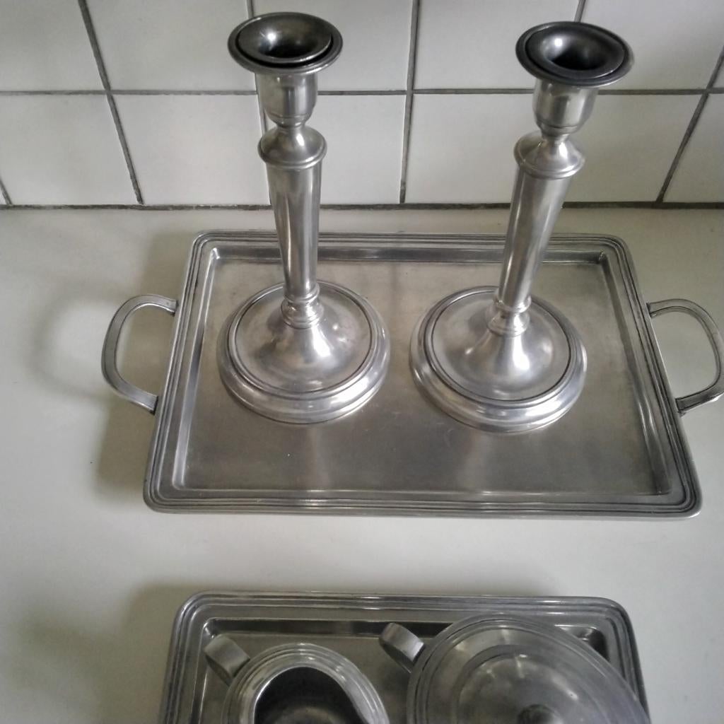 2 marinoni zilvertinnen  kandelaars  met losse inzet, Ophalen of Verzenden, Koper of Brons