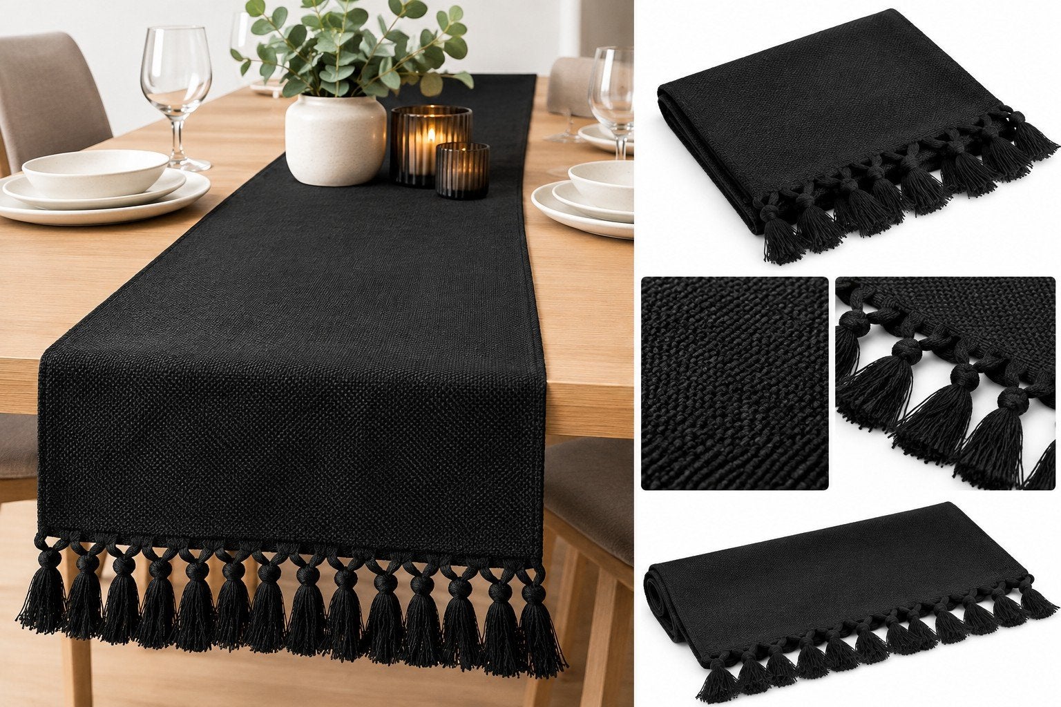 Zwarte Tafelloper met Kwastjes - Nieuw, 33x143 cm, Nieuw, Ophalen of Verzenden, Franjes/kwastjes, Tafelloper