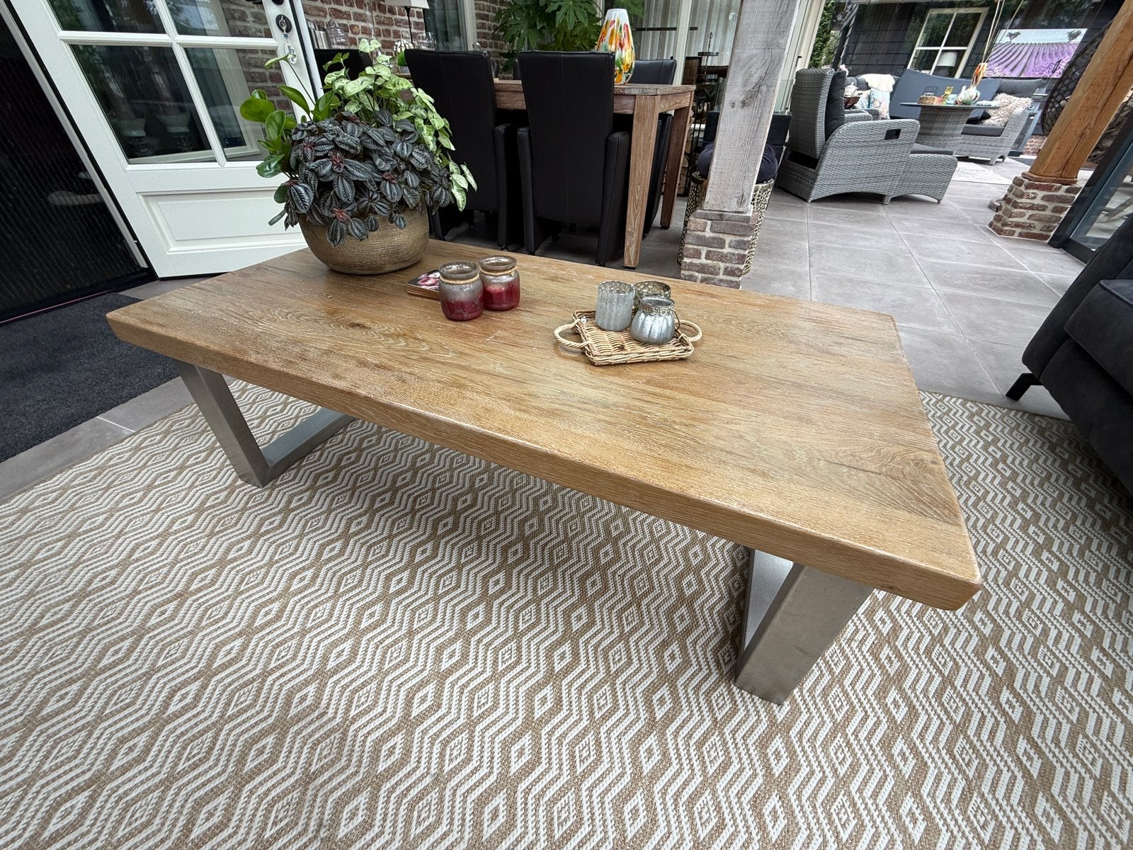 Massief eiken salontafel met RVS onderstel, Huis en Inrichting, Tafels | Salontafels, Ophalen, 100 tot 150 cm, Eikenhout, 50 tot 100 cm