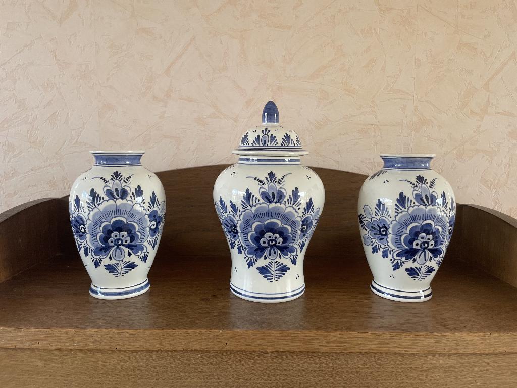 Handbeschilderde Delfts Blauwe Vazen Set – 3-delig, Antiek en Kunst, Ophalen