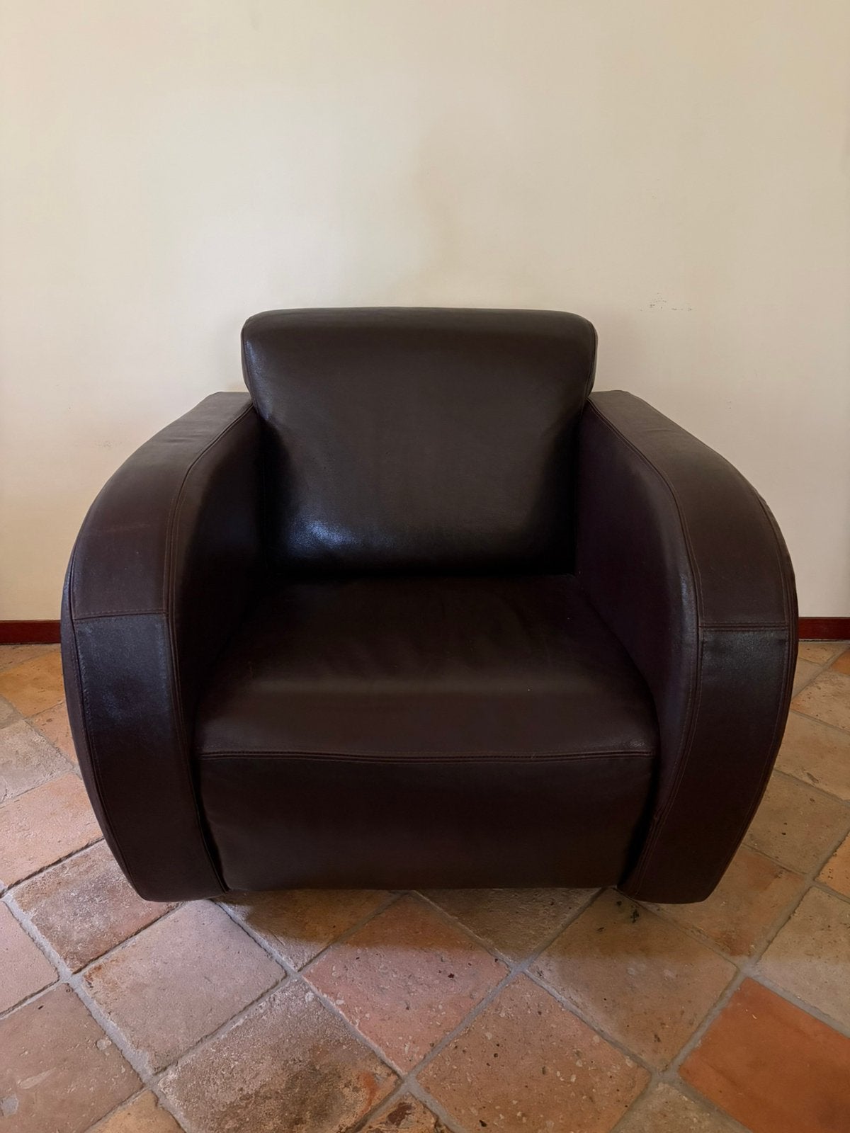 Bruine leren fauteuil, Gebruikt, Ophalen of Verzenden, 75 tot 100 cm, Leer