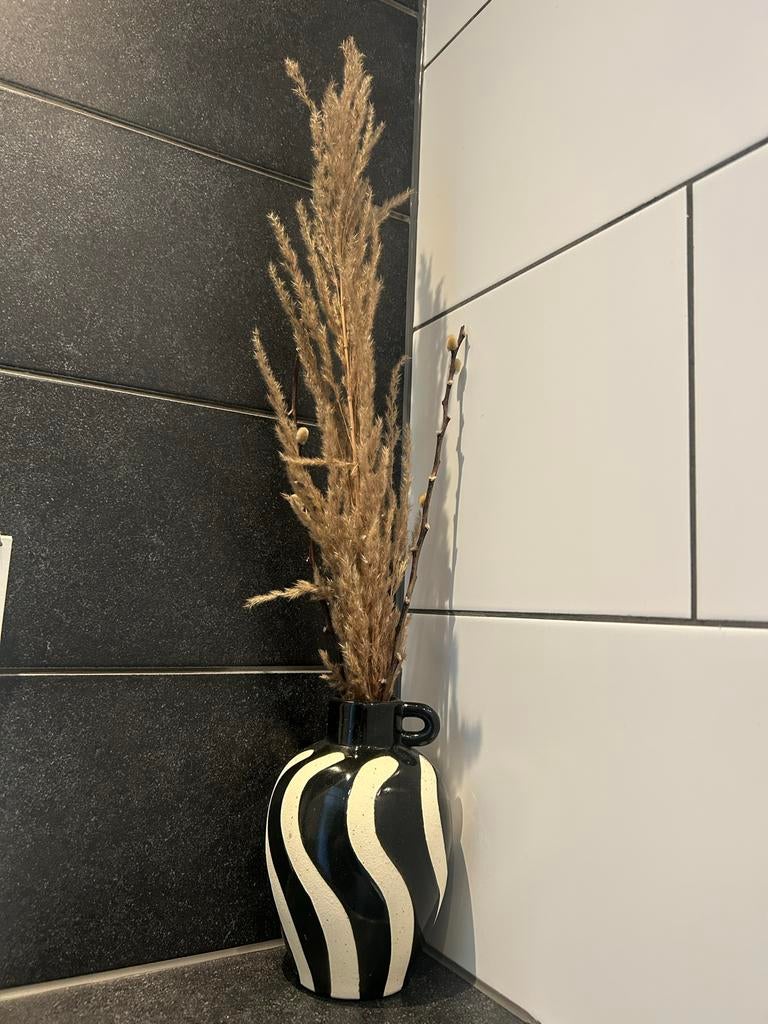 Zwart-witte vaas met zebraprint en pluimen, Ophalen, 50 tot 75 cm, Zwart, Aardewerk of Porselein