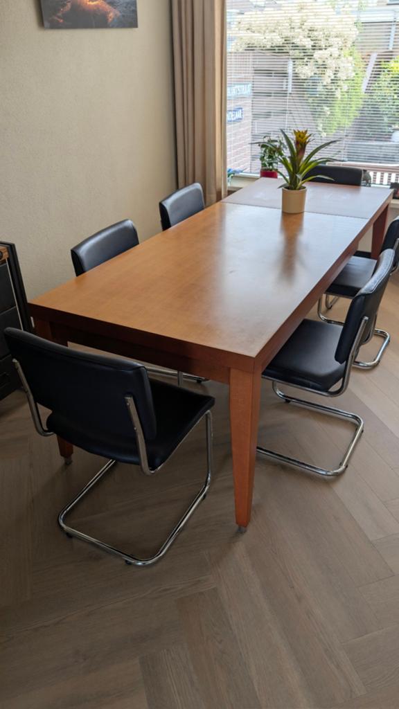 Uitschuifbare eettafel (160-230cm) met 6 leren stoelen, Huis en Inrichting, Tafels | Eettafels, Gebruikt, 50 tot 100 cm, 200 cm of meer