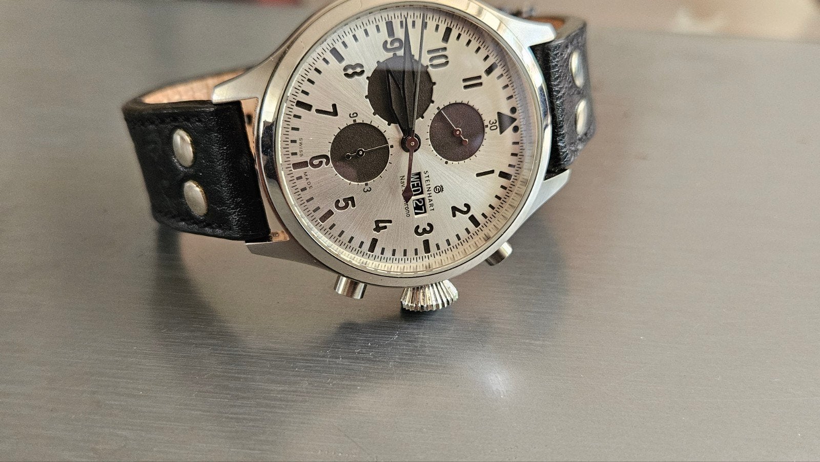steinhart flieger silver edition chrono, Ophalen of Verzenden, Zo goed als nieuw, Leer, Overige merken