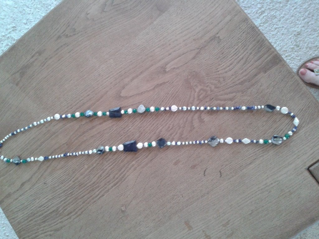 Lang parelcollier:echte parels, lapis lazuli, aventurijn enz, Blauw, Nieuw, Ophalen of Verzenden, Steen of Mineraal