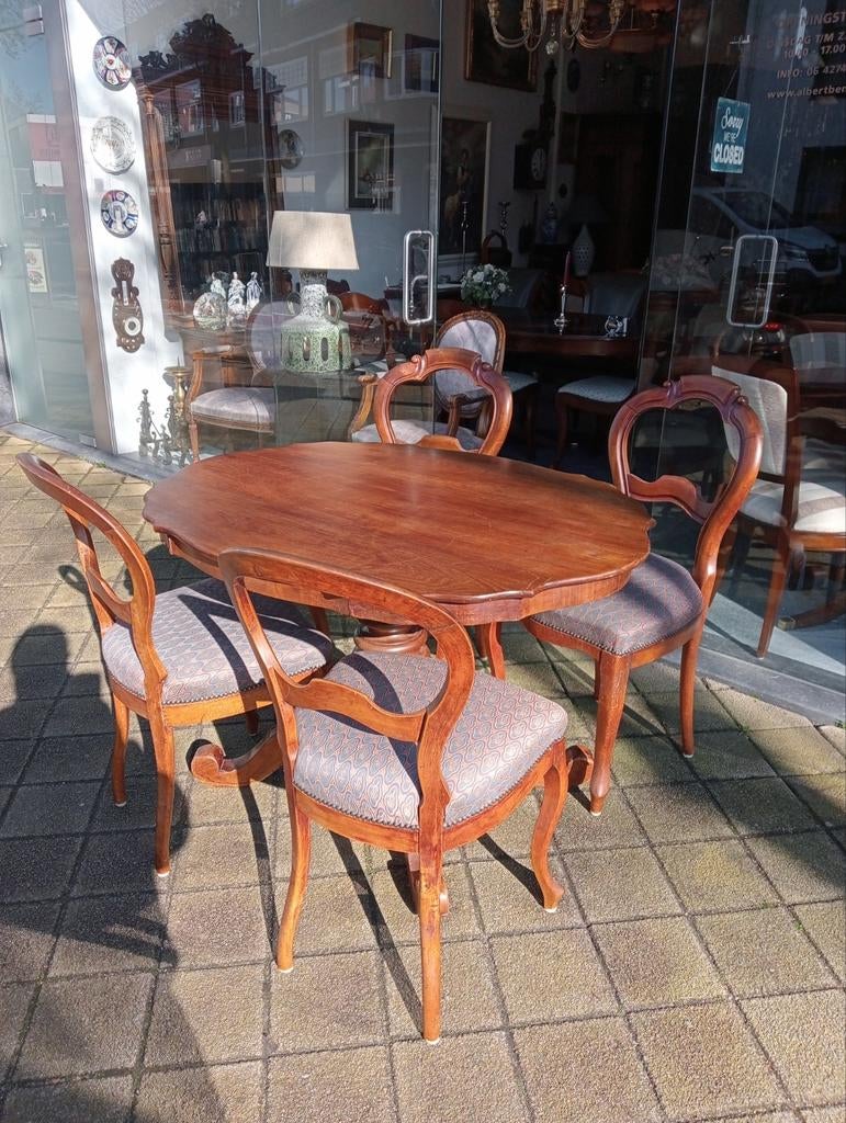 Antieke Biedermeier Mahonie Tafel met 4 Stoelen, Ophalen of Verzenden