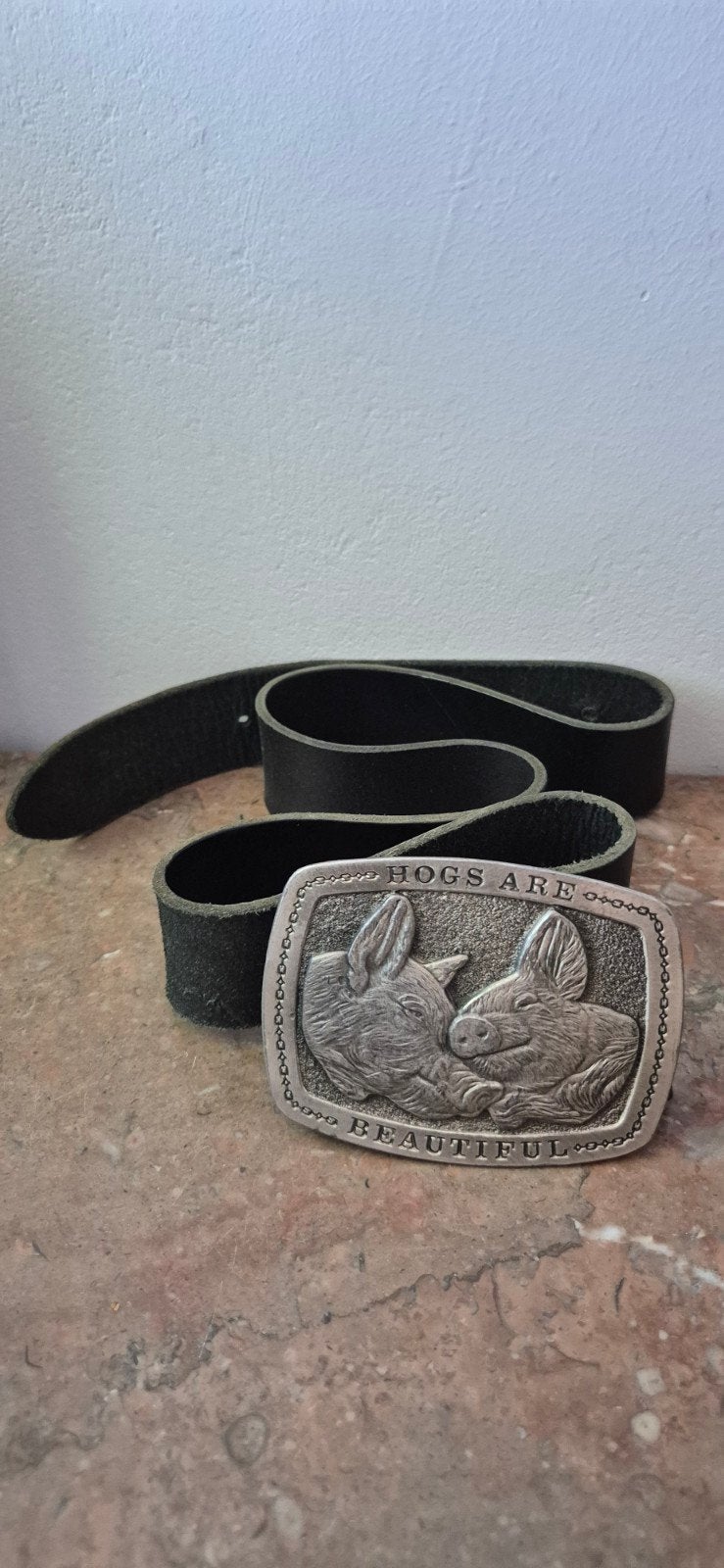 Vintage riem met 'Hogs Are Beautiful' gesp, Kleding | Dames, Riemen en Ceinturen, Heupriem, Ophalen of Verzenden, Onbekend, Gedragen