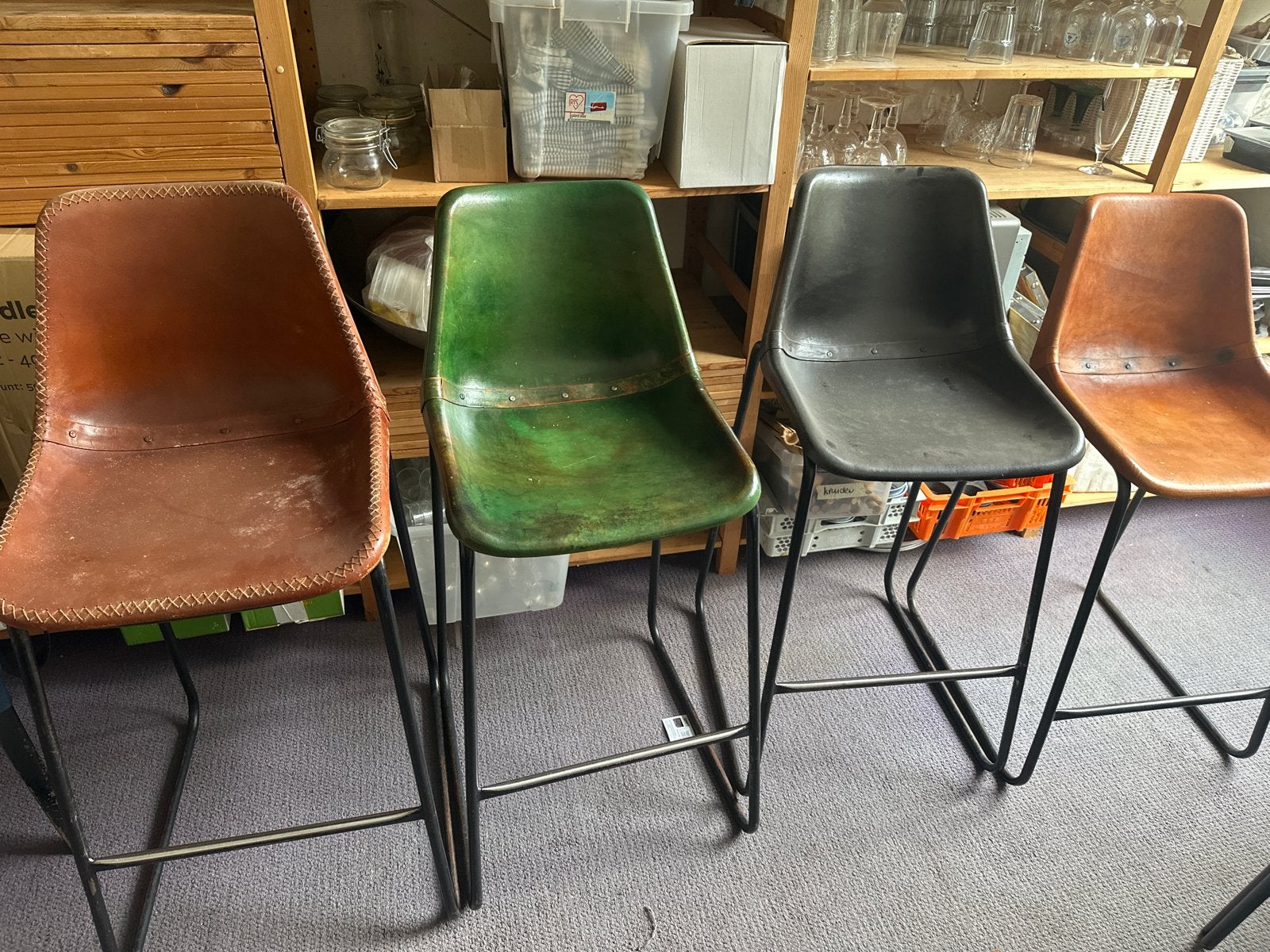 Set van 4 vintage barkrukken - leer en metaal, Ophalen, Gebruikt, 60 tot 90 cm, Leer