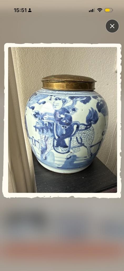 Chinese blauwe en witte porseleinen gemberpot bronzen deksel, Ophalen of Verzenden