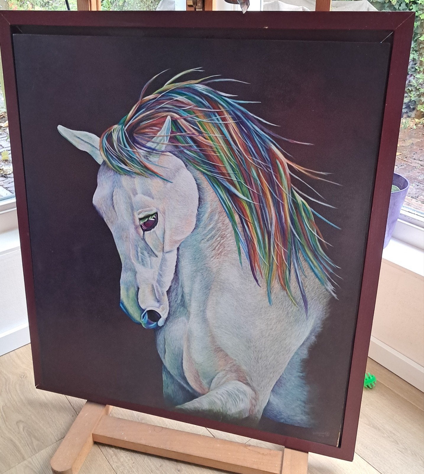 Schilderij Wit Paard met Regenboogmanen, Ophalen, Acrylverf, Textiel, Dieren