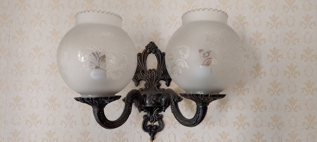 Vintage dubbele wandlamp ‘Brocante’, Huis en Inrichting, Ophalen, Overige fittingen, Gebruikt, Met schakelaar