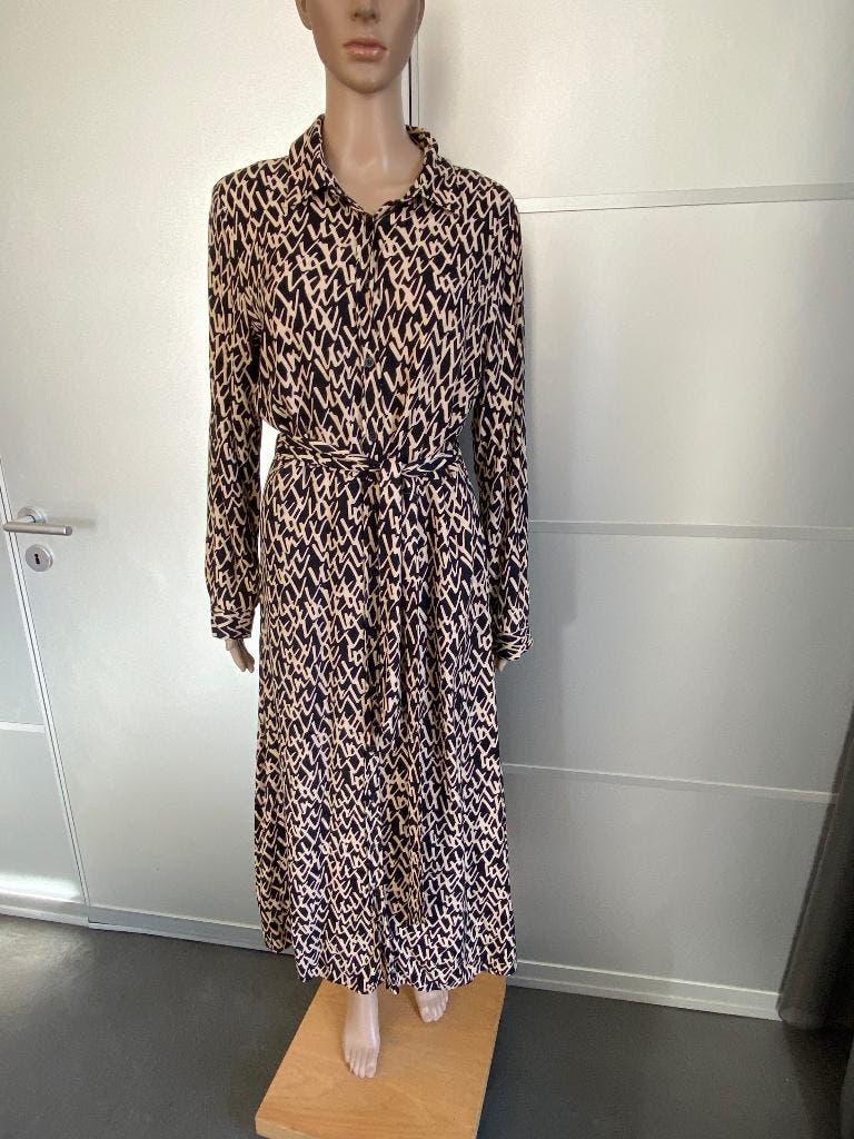 K128 Elvira maat 38=M lange maxi-jurk beige/zwart, Maat 38/40 (M), Beige, Ophalen of Verzenden, Zo goed als nieuw