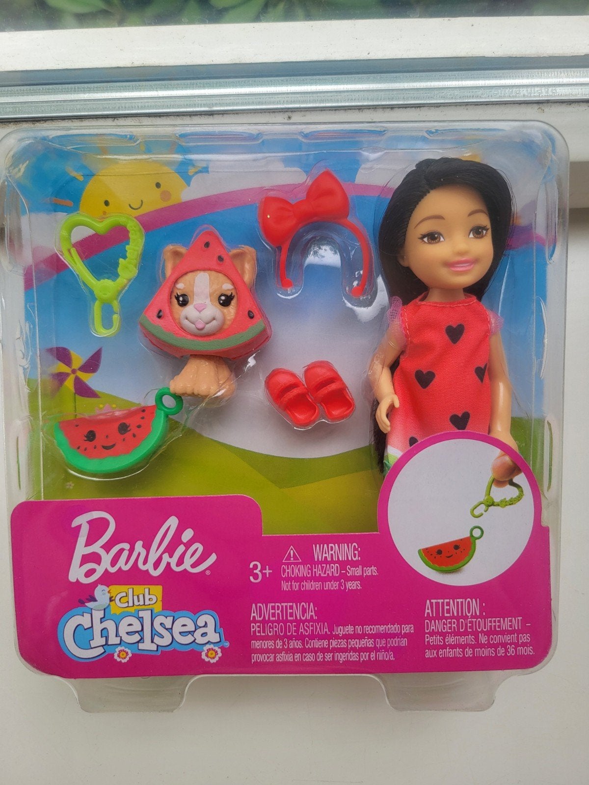 Barbie Chelsea en puppy in watermeloen outfit, nieuw in doos, Ophalen of Verzenden, Nieuw, Barbie