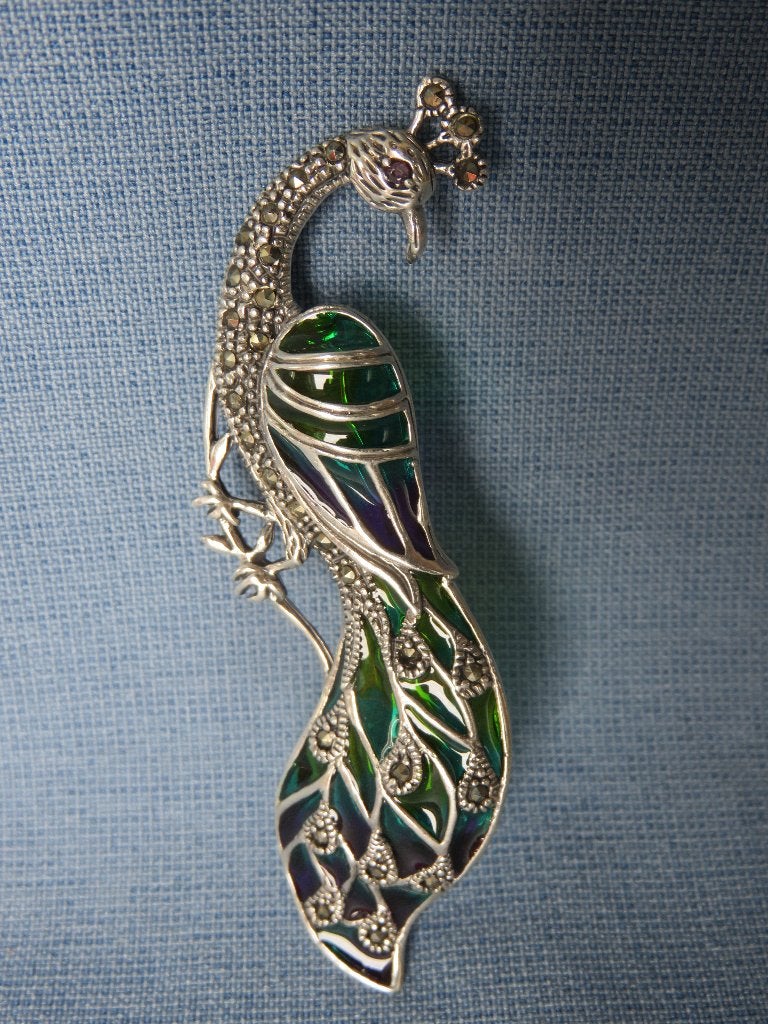 Pauw hanger / broche met emailleer in 925 karaat zilver, Ophalen of Verzenden, Zo goed als nieuw, Zilver, Dier