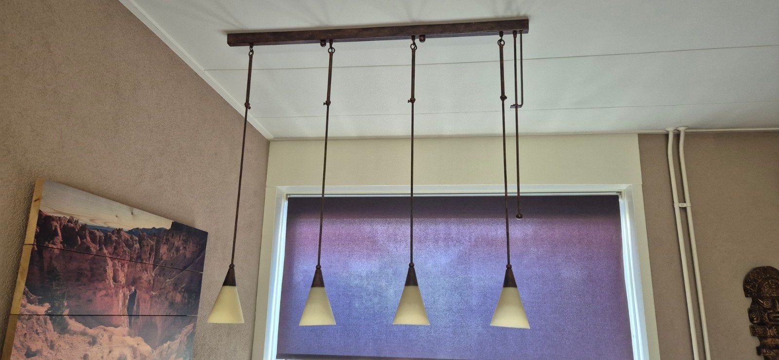 Hanglamp met 4 verstelbare spots - Metaal en Glas, Gebruikt, Modern, Industrieel, E14 (klein), Ophalen of Verzenden