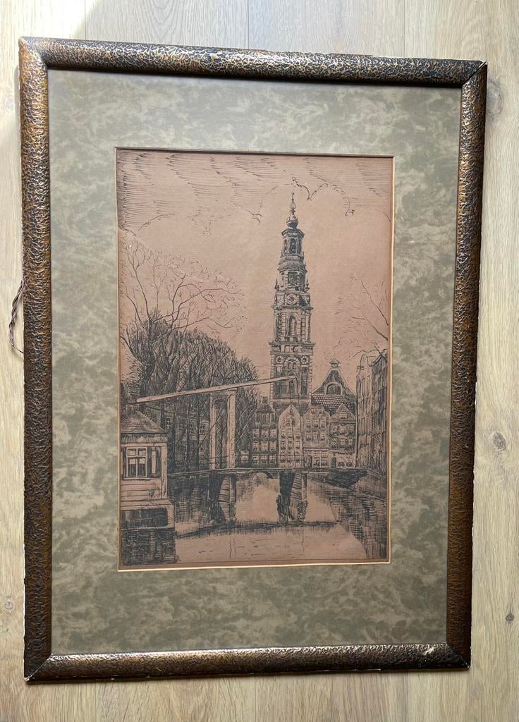 Grote ingelijste ets Zuiderkerk Amsterdam, Antiek en Kunst, Kunst | Etsen en Gravures, Ophalen, Ets