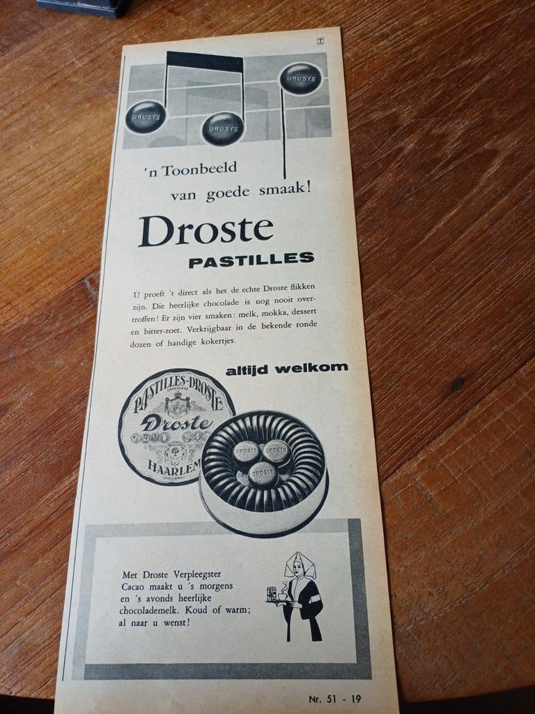 Advertentie van Droste chocolade toonbeeld 1956, Ophalen of Verzenden, Gebruikt, Overige typen