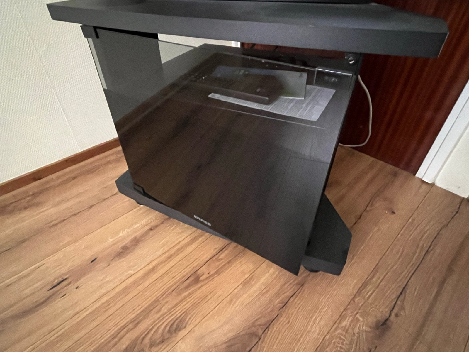 Zwart TV-meubel / audiomeubel, Huis en Inrichting, Kasten | Televisiemeubels, Ophalen, Gebruikt, 50 tot 100 cm, Glas