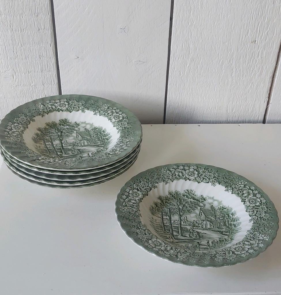 6 groene vintage diepe  borden Memory Lane British Anchor, Ophalen of Verzenden