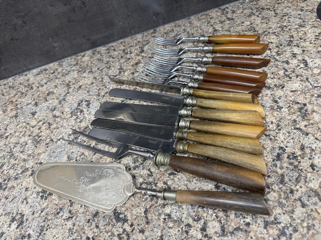 Antiek Bestekset met Hoorn Handvatten - 20 Stuks, Ophalen of Verzenden