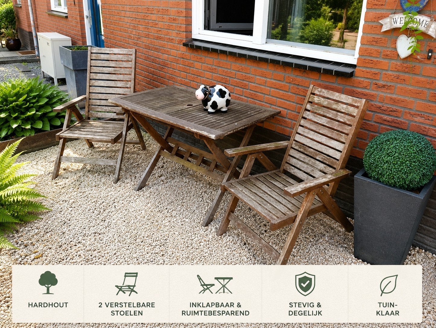 Hardhouten tuinset met 2 verstelbare stoelen, Ophalen, Gebruikt